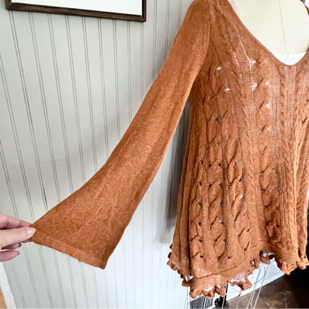 Free People Found My Friend Open Knit Waterfall Sweater Honey Rust - Picture 3 of 10